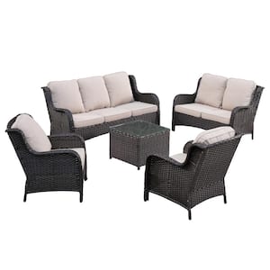 Mona Lisa Brown 5-Piece Wicker Outdoor Patio Conversation Seating Set with Beige Cushions