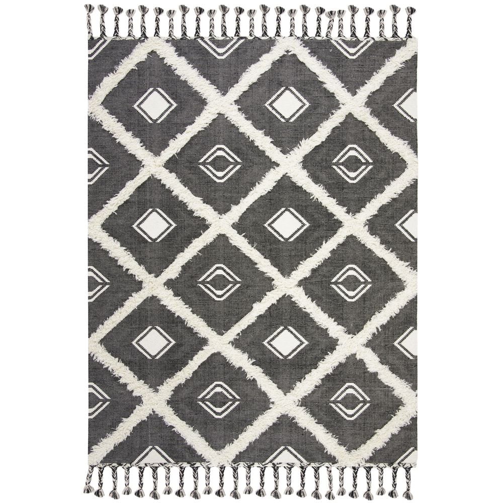 Handmade Black and Ivory Wool Cotton 8' x 10' Area Rug
