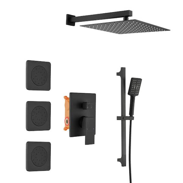 GIVING TREE 3-Spray Patterns 12 in. Square Wall Mount Dual Shower Heads 3-Jet Slide Bar Hand-Shower Mixed Shower System in Black