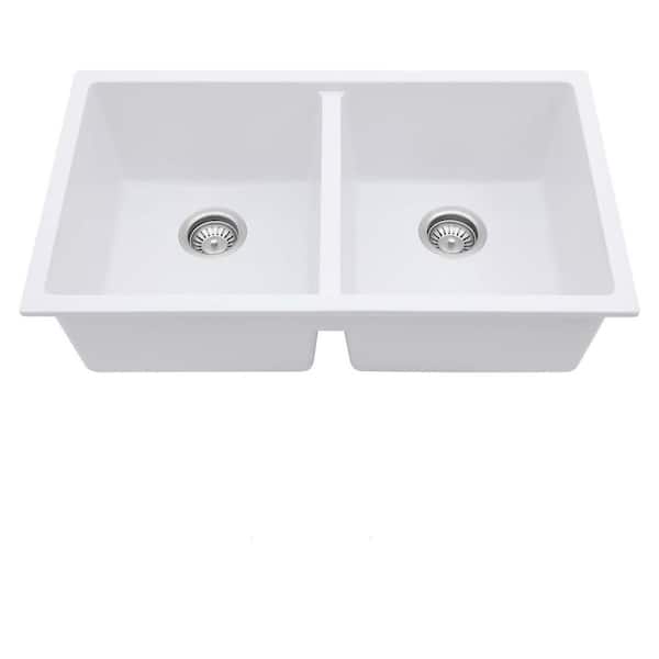 33 in. Undermount Double Bowl(50/50) White Quartz Kitchen Sink