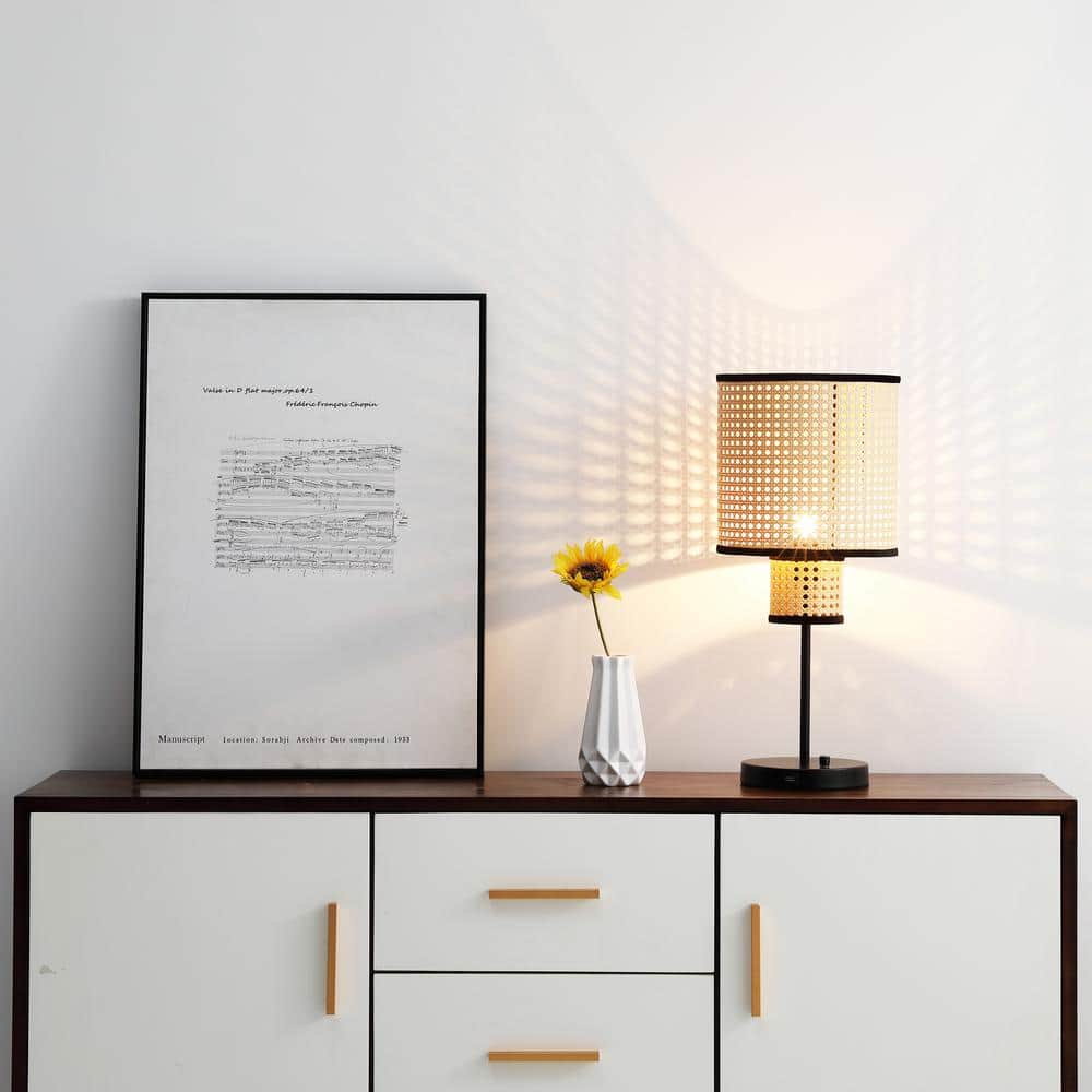 Nakuv 22'' Black Metal Table Lamp with Rattan Shade and USB Port