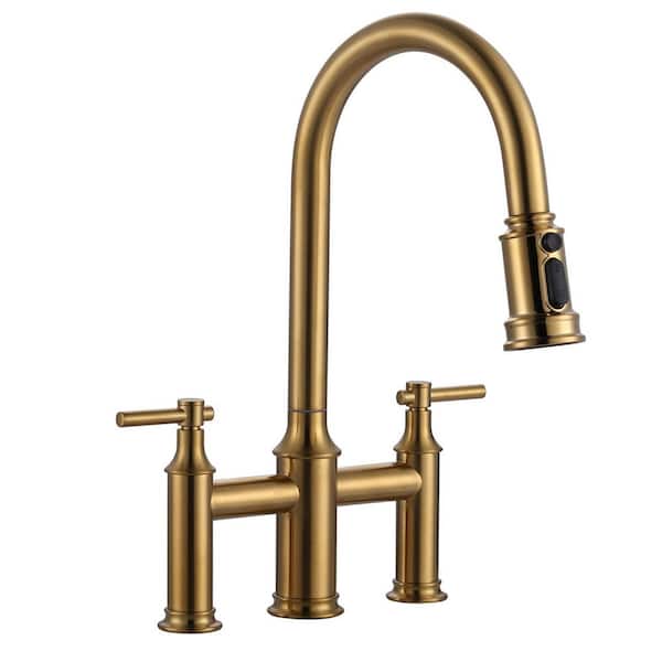 Double Handle Bridge Kitchen Faucet with 3-Mode Pull-Down Spray Head in Gold