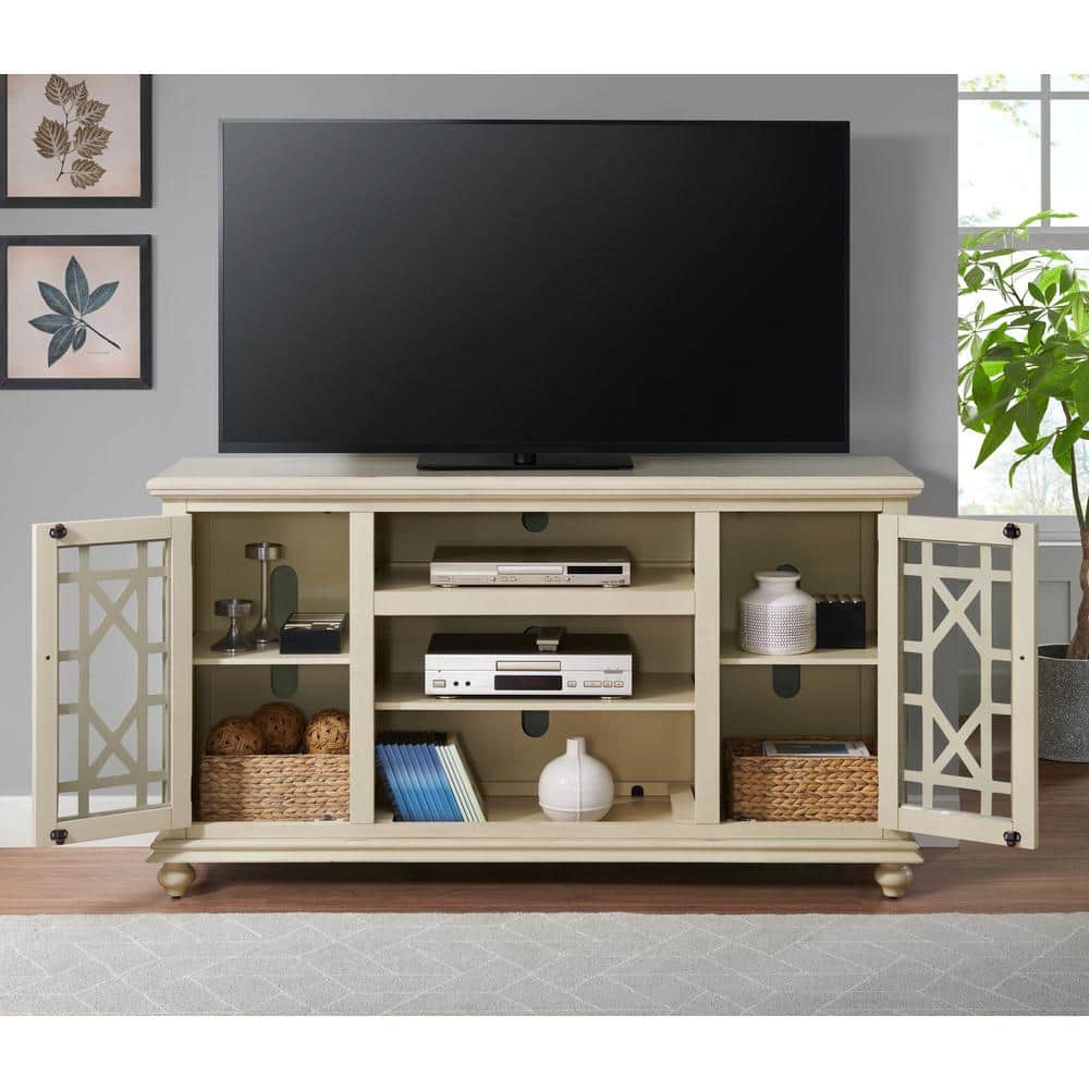 Parisian Antique White 63" Pine & Glass Elegant TV Stand with Cabinet
