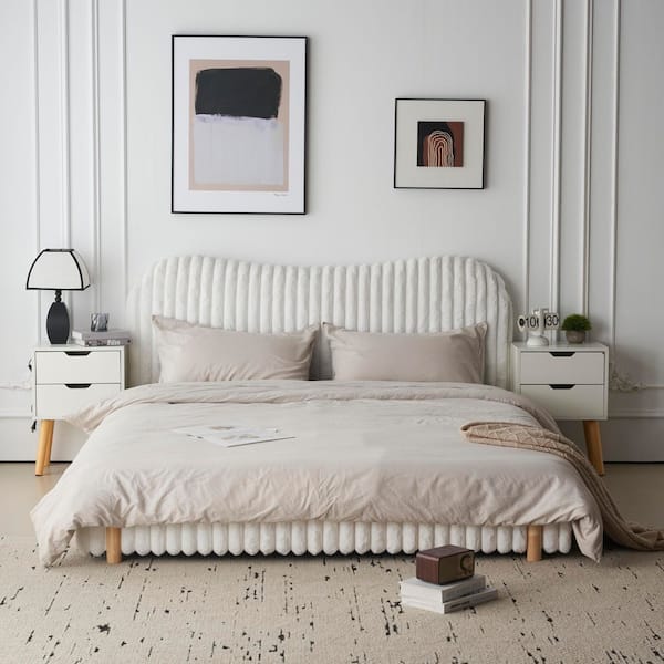 Orion White Boucle Fabric Upholstered Solid Wood Frame King Size Platform Bed with Wavy Headboard, Vertical Stitching