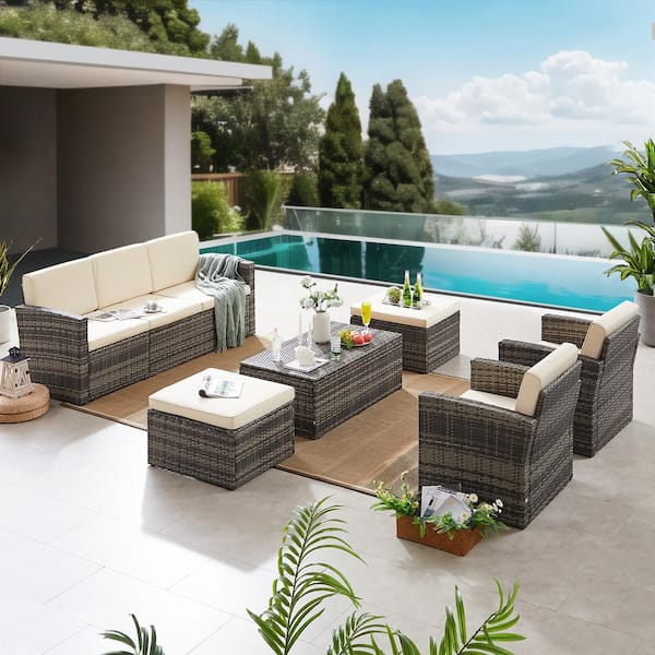 Zeus & Ruta 6-Pieces Khaki Wicker Patio Furniture Sets Outdoor Conversation Set PE Rattan Sectional Sofa Couch with Khaki Cushions