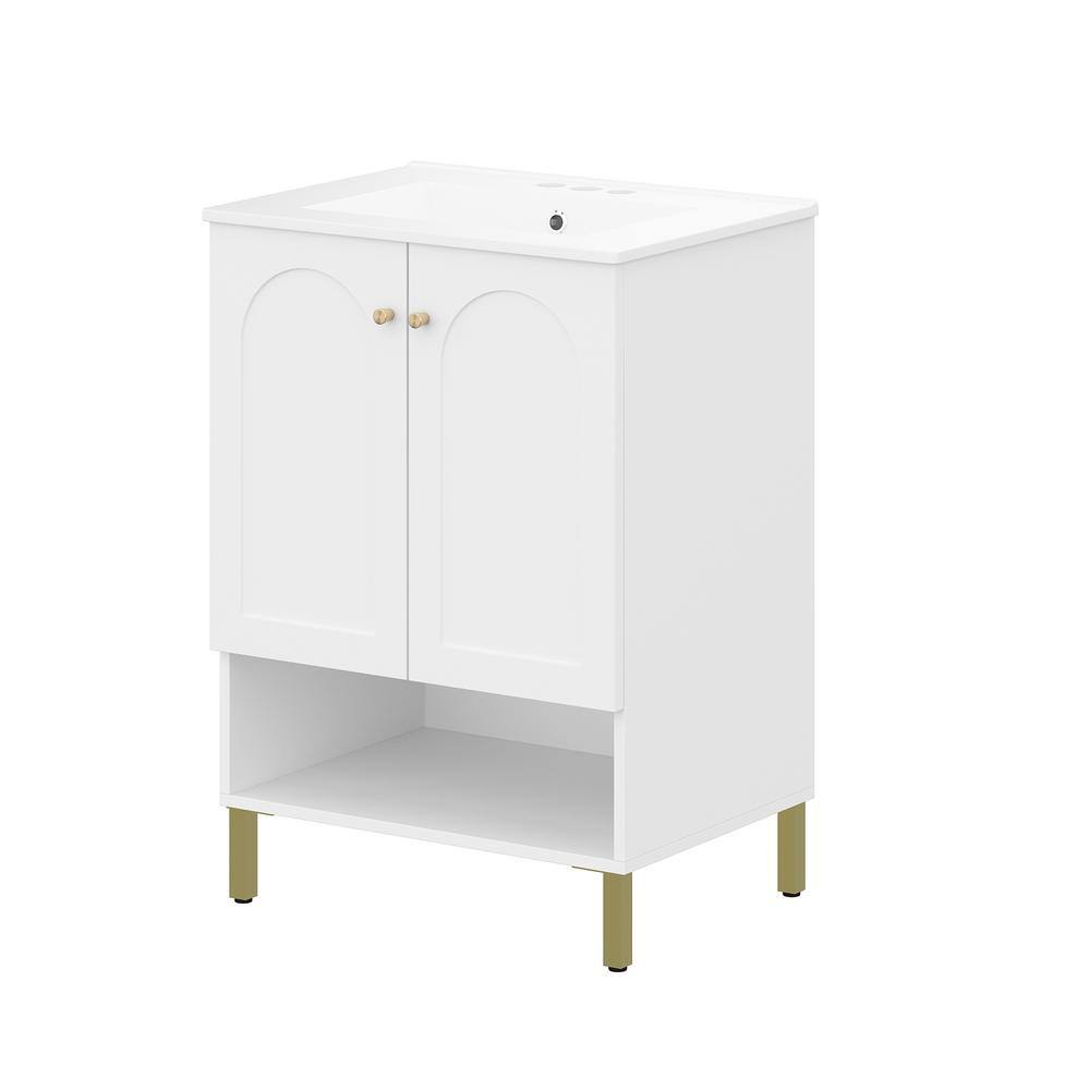 Aoibox 24inch White Bathroom Vanity Sink Combo for Small Space Modern Design with Ceramic Basin Gold Legs and Semi-Open Storage