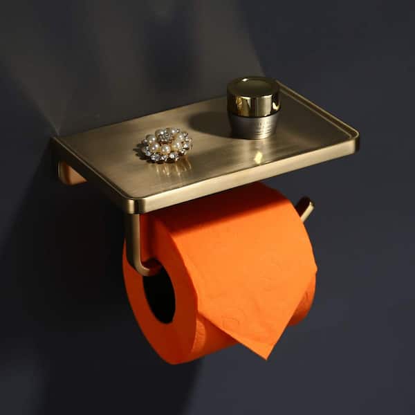 Wall-Mount Single Toilet Paper Holder in Brushed Gold, Toilet Paper Holder with Phone Shelf, Handy and Stylish