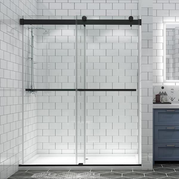 JimsMaison 60 in. W x 74 in. H Sliding Framed Shower Door in Matte Black with Clear Glass