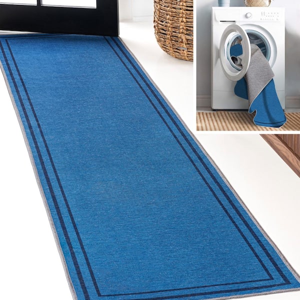 Sloane Classic 2-Stripe Border Washable Blue/Navy 2 ft. x 8 ft. Runner Rug