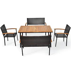 5PCS Rattan Outdoor Dining Set Patio Furniture Set w/Wooden Tabletop