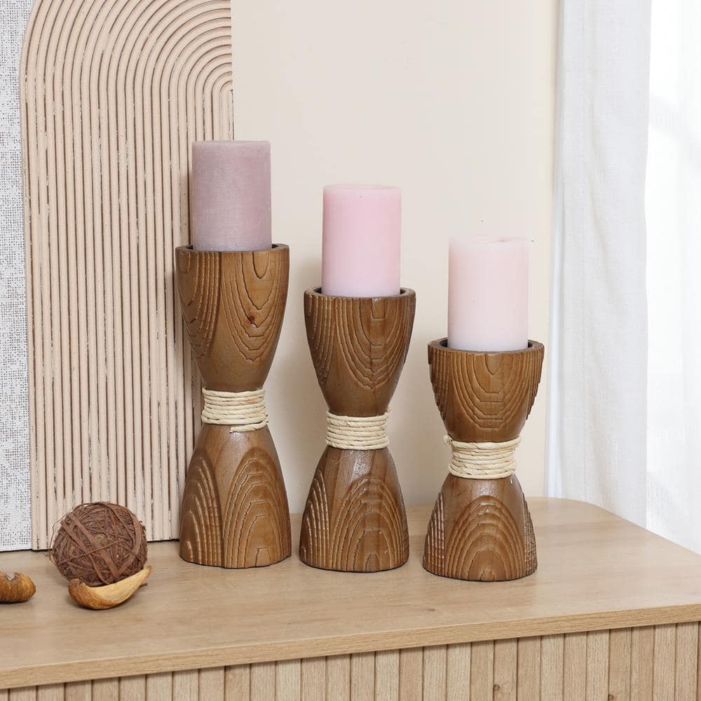 Rustic Pine Wood and Rattan Pillar Candle Holder Set