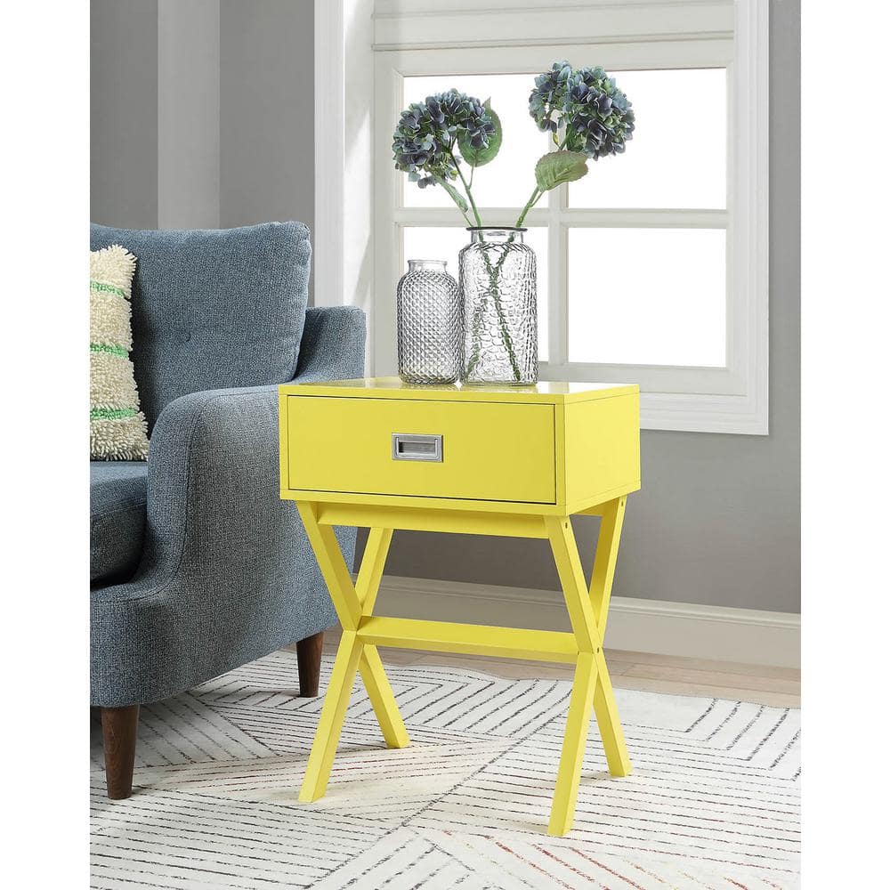 Yellow Wood End Table with Storage Drawer