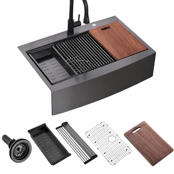 33 in. Drop-In Single Bowl 16-Gauge Gunmetal Black Stainless Steel Farmhouse Apron-Front Workstation Sink