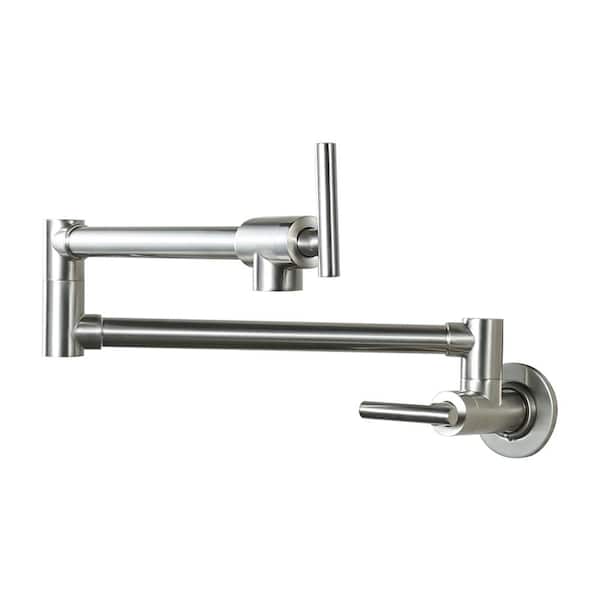 Modern Wall Mount Pot Filler Kitchen Faucet with Double Joint Swing Arm 360° Rotation in Brushed Nickel
