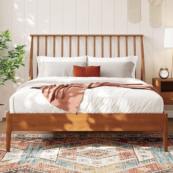 Brown Wood Frame King Size Platform Bed with Tall Headboard