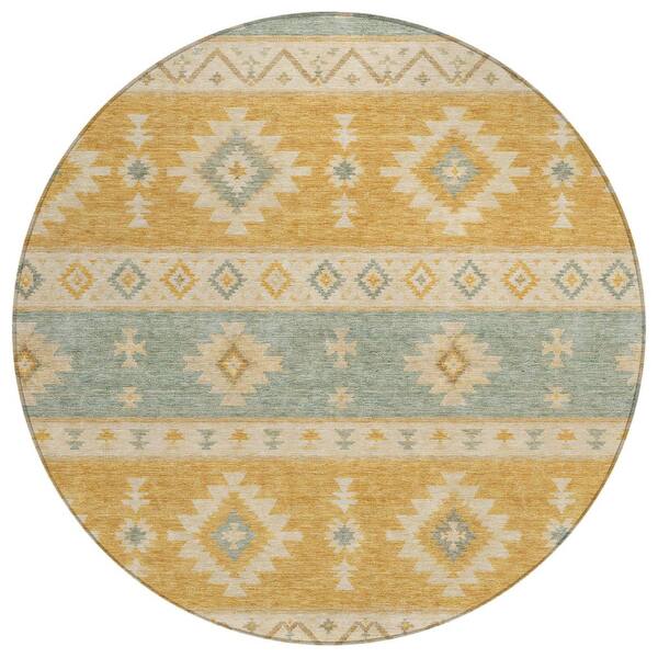 Chantille Machine Washable Indoor/Outdoor Abstract ACN3126 Honey 8 ft. x 8 ft. Round Rug