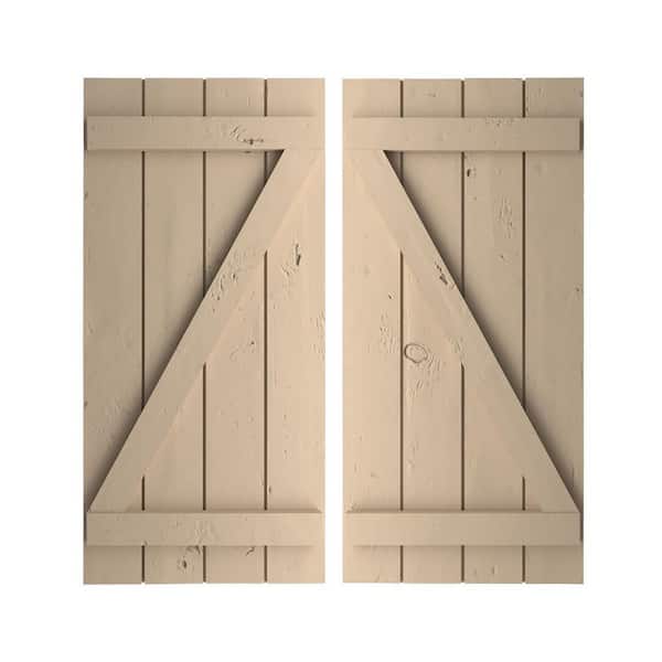 Ekena Millwork 22 in. x 38 in. Timberthane Polyurethane 4-Board Joined Board-n-Batten Knotty Pine Faux Wood Shutters w/Z-Board Pair
