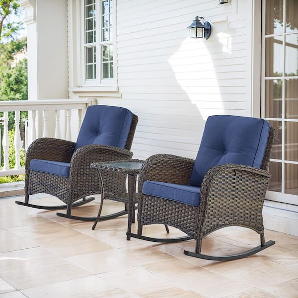 SleekArm Brown 3-Piece Wicker Outdoor Rocking Chair with Blue Cushions and Side Table Patio Rockers Poolside
