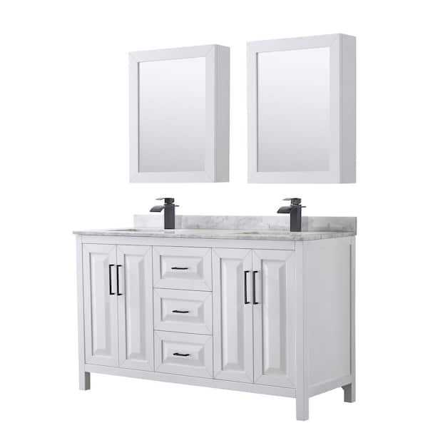 Wyndham Collection Daria 60 in. W x 22 in. D x 35.75 in. H Double Bath Vanity in White with White Carrara Marble Top and Med Cab Mirrors