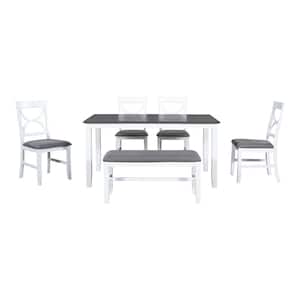 6-Piece White Wood Outdoor Dining Set with Gray Cushion