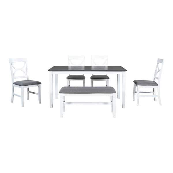 maocao hoom 6-Piece White Wood Outdoor Dining Set with Gray Cushion