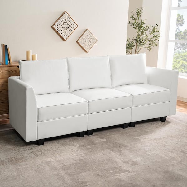 MAYKOOSH Contemporary 1-Piece Bright WhiteAir Leather Living Room Sofa 3-Seater Sofa Couch with Storage Sectional Sofa