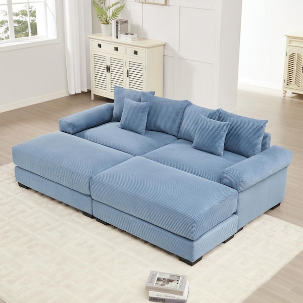 Roland 92 in. Cloud Corduroy Upholstery Modular Rectangle Sectional Sofa in. Blue with 2 Ottomans, Throw Pillows