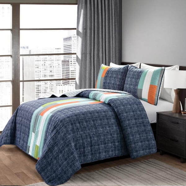 Shelly Stripe Navy/Orange Quilt Full/Queen Set (3-Piece) 16T005437