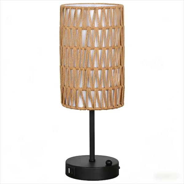 15 in. H Brown Boho Small Touch 3 Way Dimmable Bedside Table Lamp with Rattan Shade USB Charging Port and Phone Stand