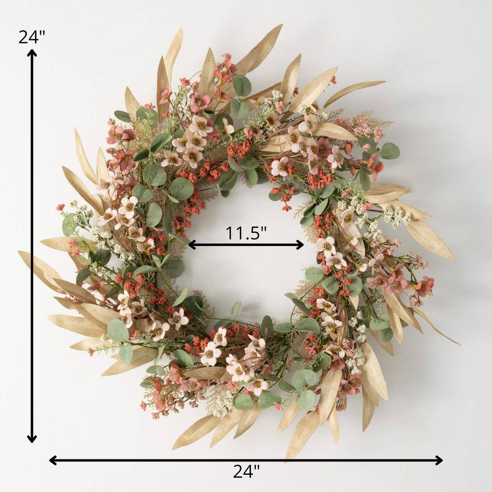 24-Inch Multicolor Artificial Eucalyptus and Rust Flower Spring Wreath