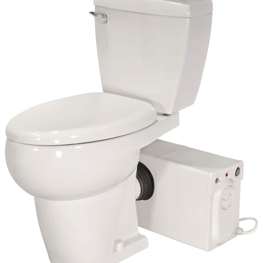 Upflush Macerating Toilet System with 500 Watt Macerator Pump and Extension Pipe Between Toilet and Pump Nano Glaze Finish Silent Seat Cover Elongated Bowl 