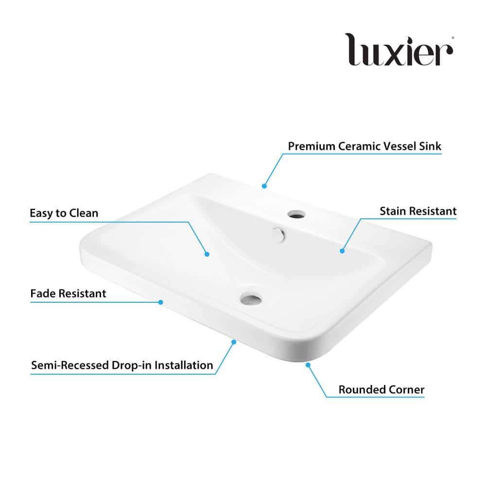 White Ceramic Rectangular Drop-In Bathroom Sink with Overflow
