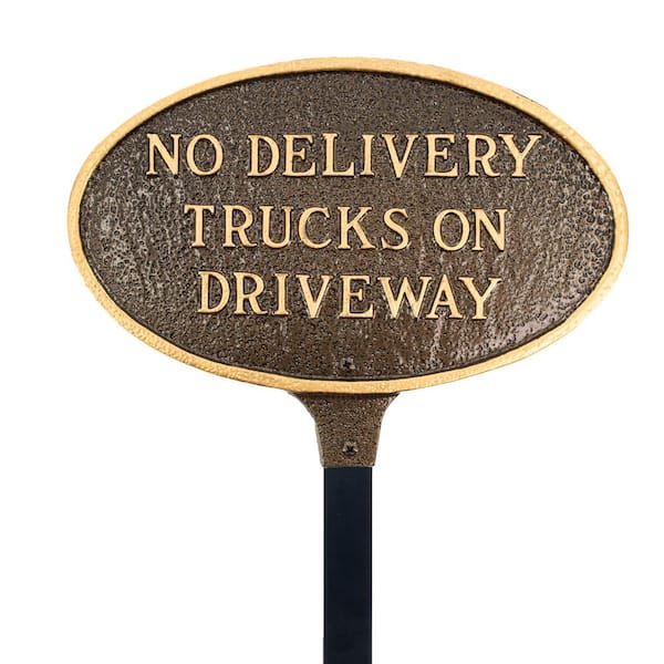 Montague Metal Products No Delivery Trucks on Driveway Small Oval Statement Plaque with 17.5 in. Lawn Stake-Hammered Bronze