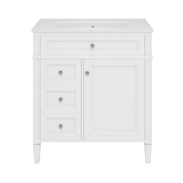 30 in. Single Sink Freestanding White Bath Vanity with White Ceramic Top, Adjustable Shelf, Tip-out Drawer, 2 Drawers