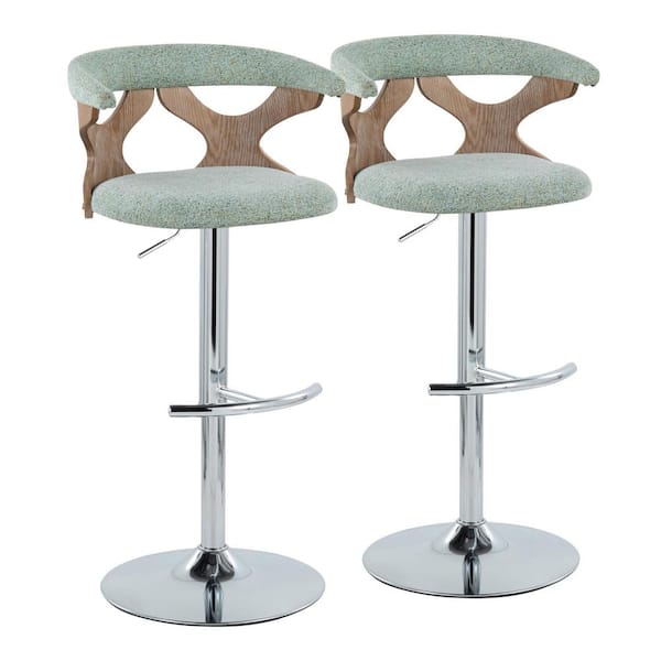 Lumisource Gardenia 32.5 in. Sage Green Fabric, White Washed Wood and Chrome Metal Adjustable Bar Stool (Set of 2)
