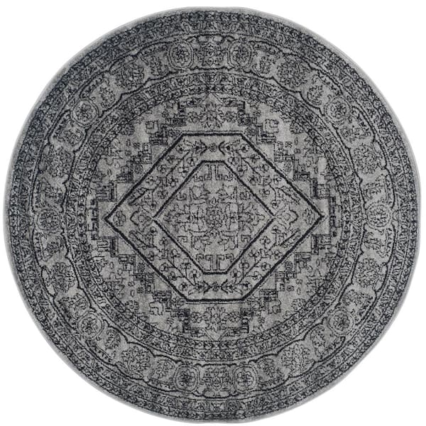 Adirondack Silver/Black 12 ft. x 12 ft. Border Medallion Round Area Rug