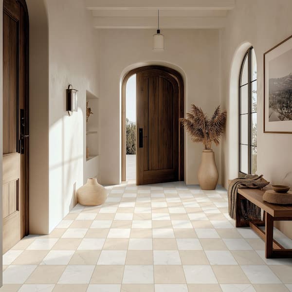 Crema Chextile Square 17 in. x 17 in. Matte Beige Porcelain Checkerboard Floor and Wall Tile (14.1 sq. ft. /case)