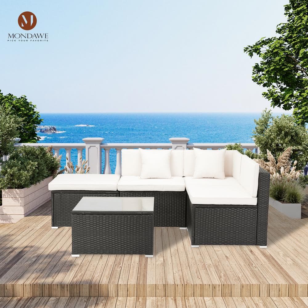 White/Dark Gray Cushions 5-Piece Steel Frame PE Wicker Rattan Outdoor Sectional Sofa Set Patio Conversation Set -  Mondawe, MO-TDS05BG