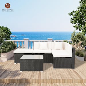 White/Dark Gray Cushions 5-Piece Steel Frame PE Wicker Rattan Outdoor Sectional Sofa Set Patio Conversation Set