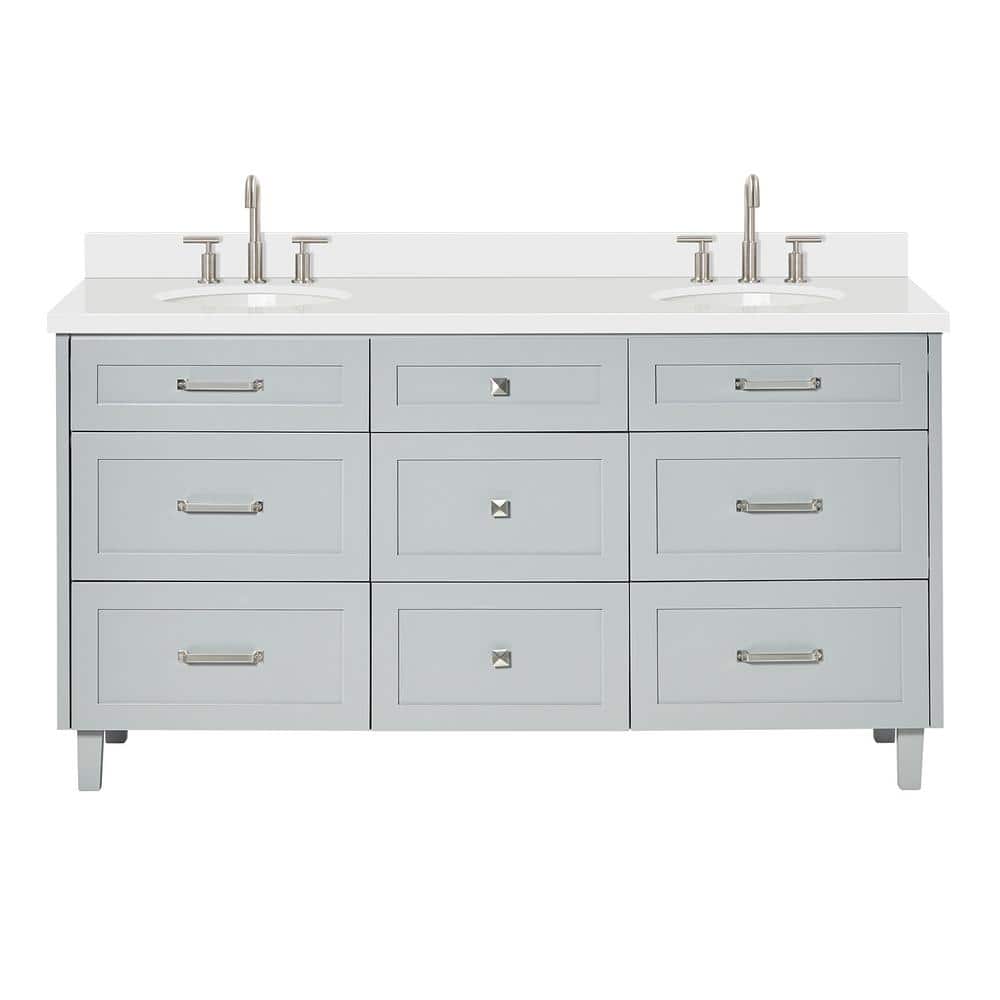 Monroe 67" Light Gray Wood Double Sink Vanity with White Quartz Top