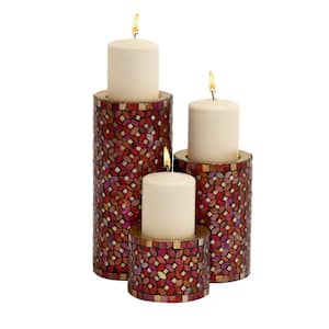 Red Metal Pillar Candle Holder with Mosaic Pattern (Set of 3)