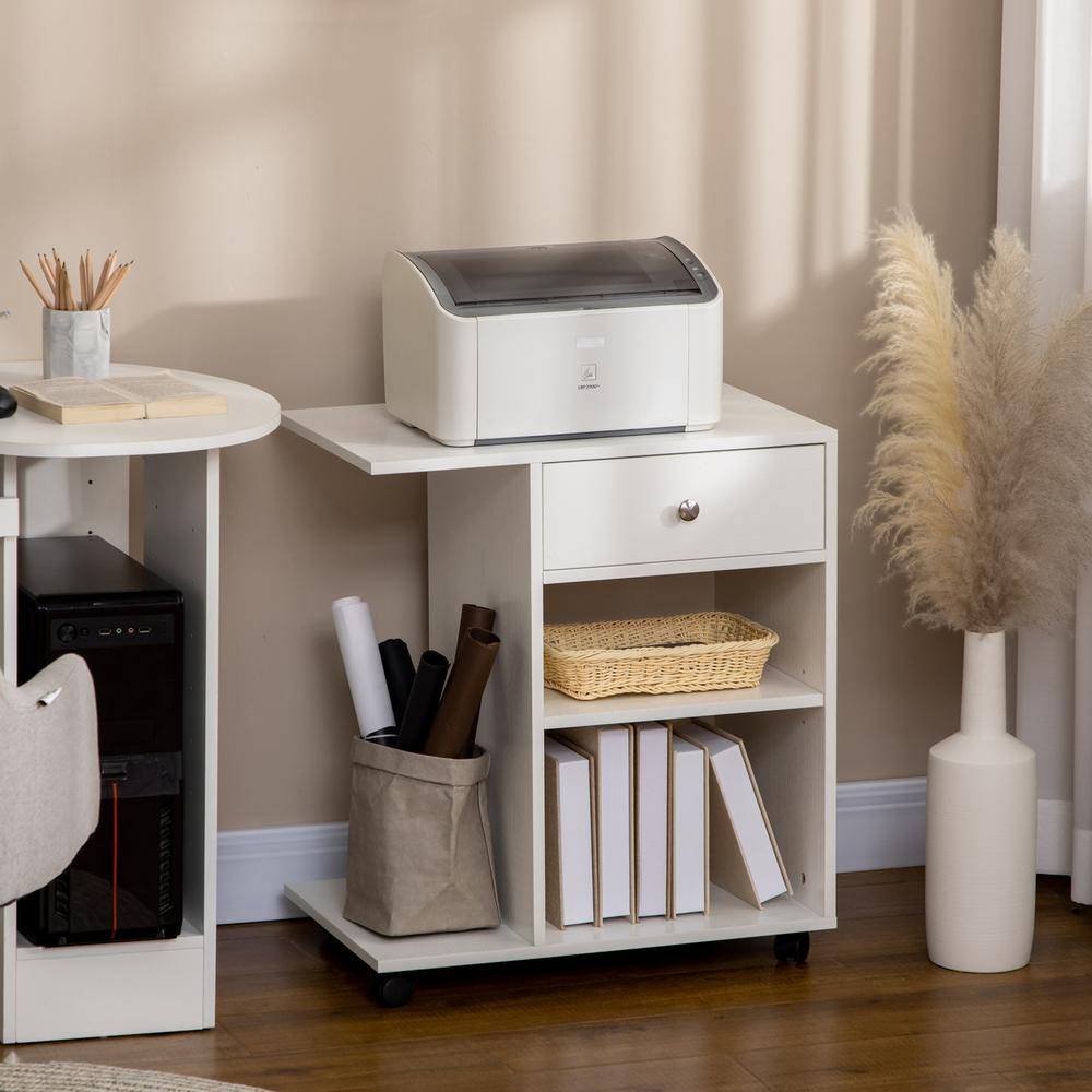 White Particleboard Mobile Printer Stand with Adjustable Shelf and Drawer