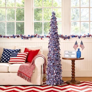 5 ft. Collapsible Artificial Cedar Tree, Pop Up Star Sequins Christmas Tree Patriotic 4th of July Home Yard Decoration