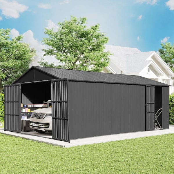 Dark Gray 12 ft. x 15 ft. Extra Large Outdoor Metal Garage Shed Heavy Duty Car Shelter with Lockable Double Hinged Doors