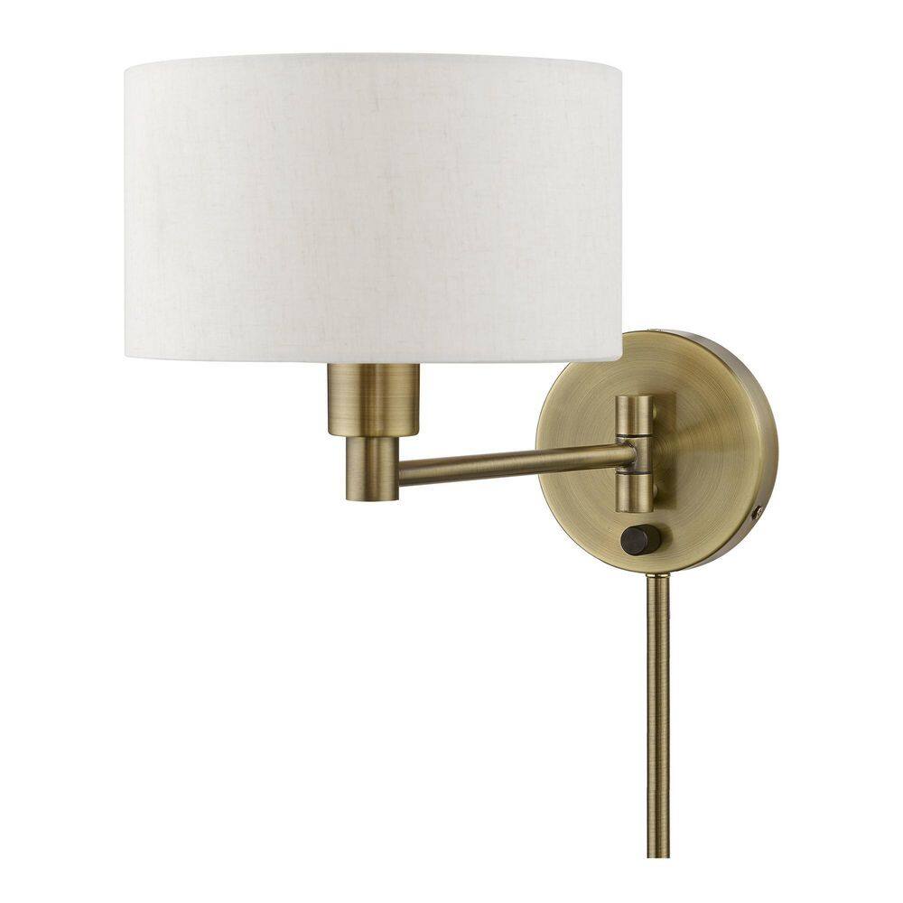Antique Brass Swing Arm Wall Lamp with Oatmeal Fabric Shade