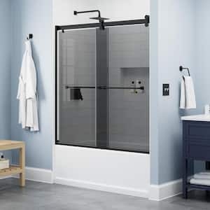 Contemporary 60 in. x 58-3/4 in. Frameless Sliding Bathtub Door in Matte Black with 1/4 in. Tempered Smoked Glass