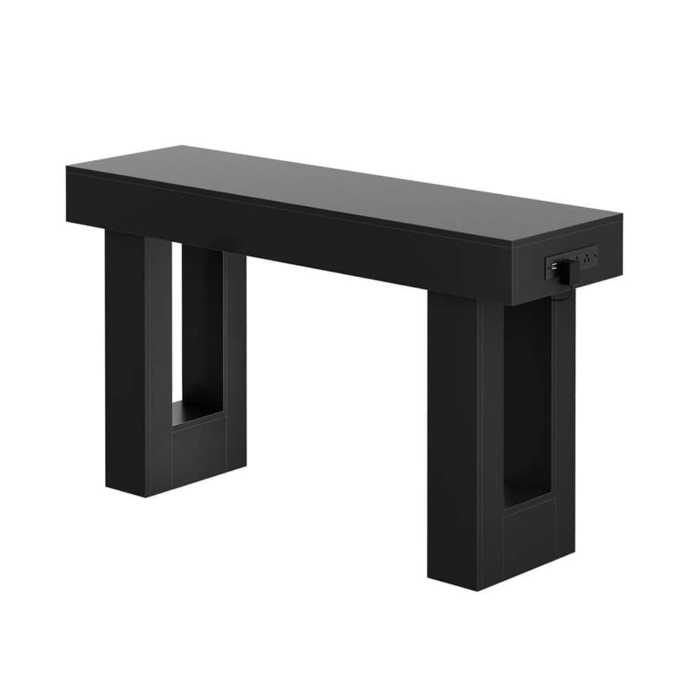 Farmhouse 47 in. Black Narrow Console Table with Socket, Sensor Light and Open Storage