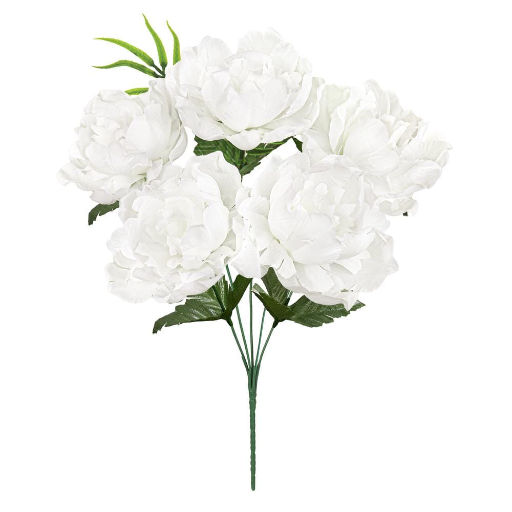 LIVING LUXURY 14 in. White Artificial Open Peony Flower Stem Bush