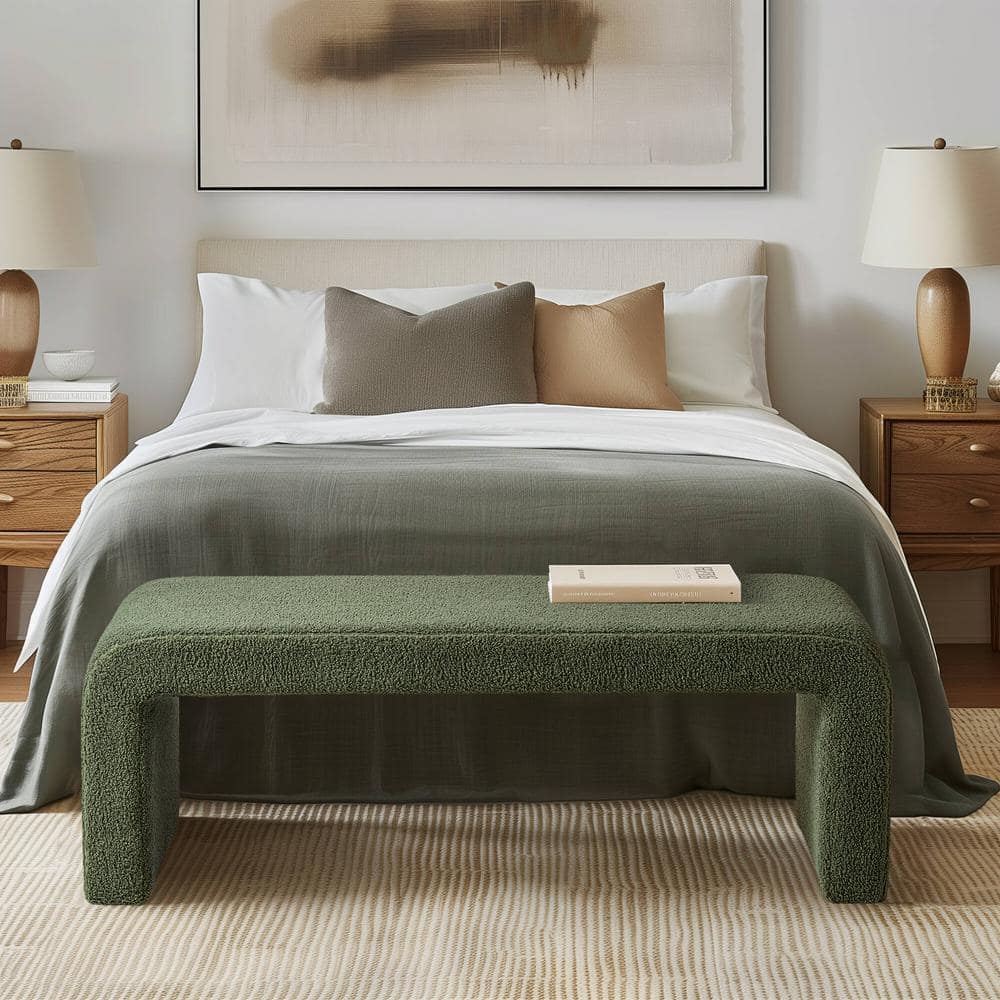 Green Boucle Upholstered Waterfall Bench 52" Wide