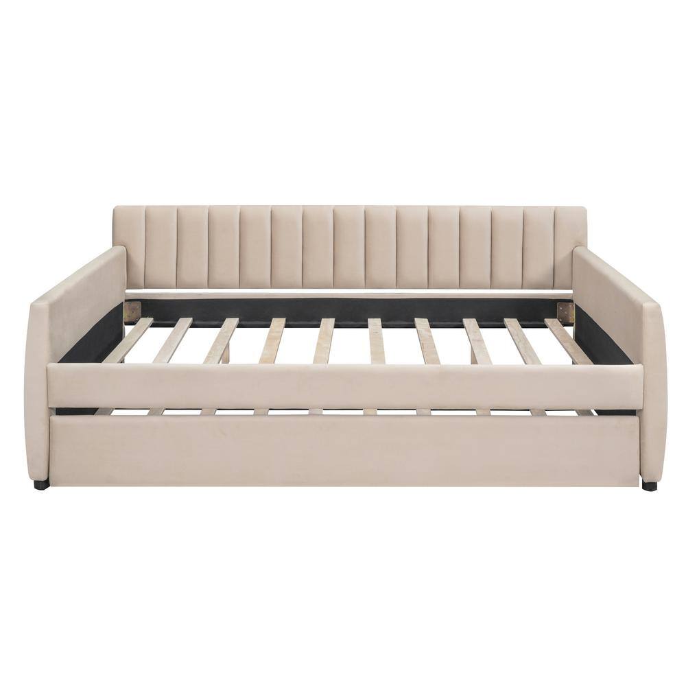 Beige Velvet Tufted Upholstered Full Size Daybed with Trundle, Day Bed Frame with Drawers and